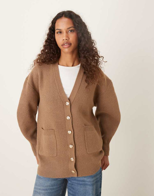 Oversized boyfriend cardigan in structured yarn in mocha