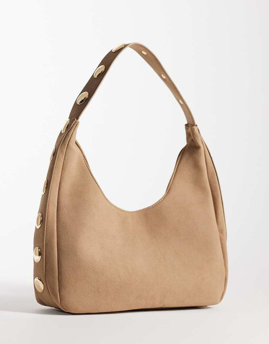 My Accessories faux suede slouchy studded shoulder bag in cream