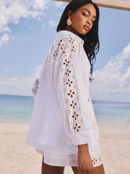 Lipsy White Relaxed Fit Broderie Beach 100% Cotton Shirt