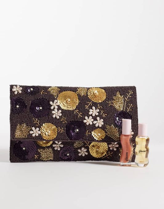True Decadence petal embellished clutch bag in dark purple