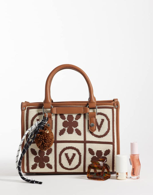 Valentino Tyle top handle tote bag with charm in tan monogram print - MULTI