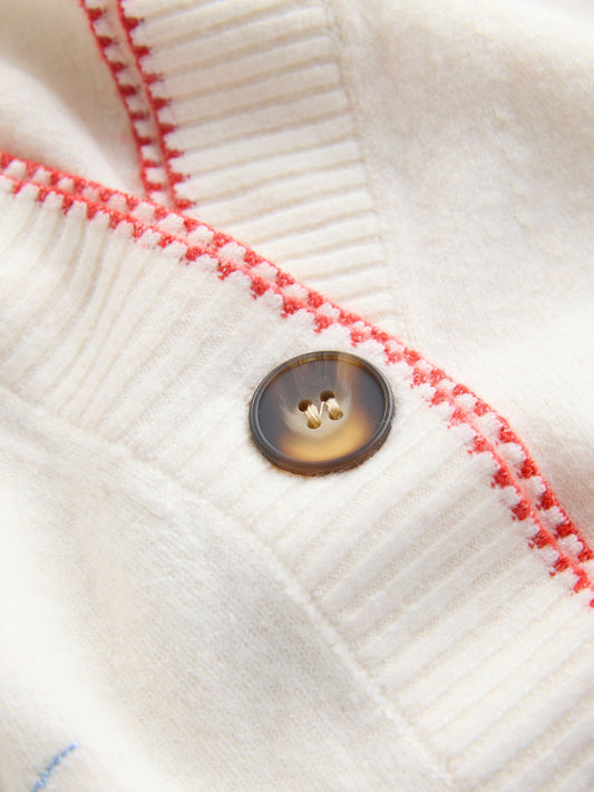 Ecru Embroidered Supersoft V-Neck Cardigan With Pockets
