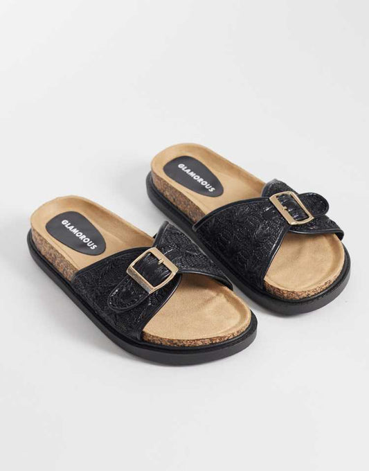 Glamorous flat woven sandals in black