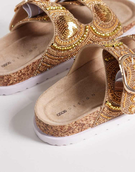 ASOS DESIGN Frost beaded double strap sandal in gold