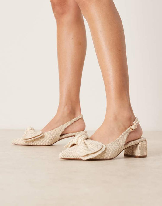 ASOS DESIGN Symbol bow slingback mid block heeled shoes in natural linen