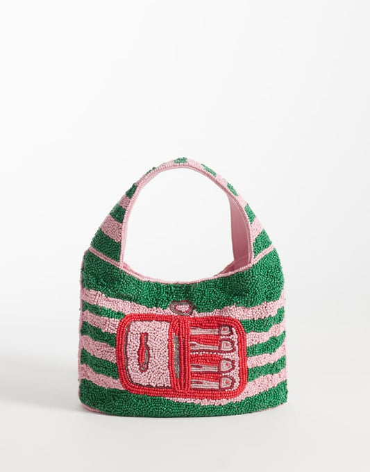 Embellished beaded sardine fish grab bag in pink and green stripe