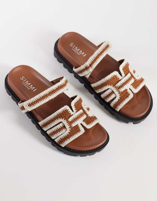 Simmi London Adelle chunky slider sandals in brown crochet