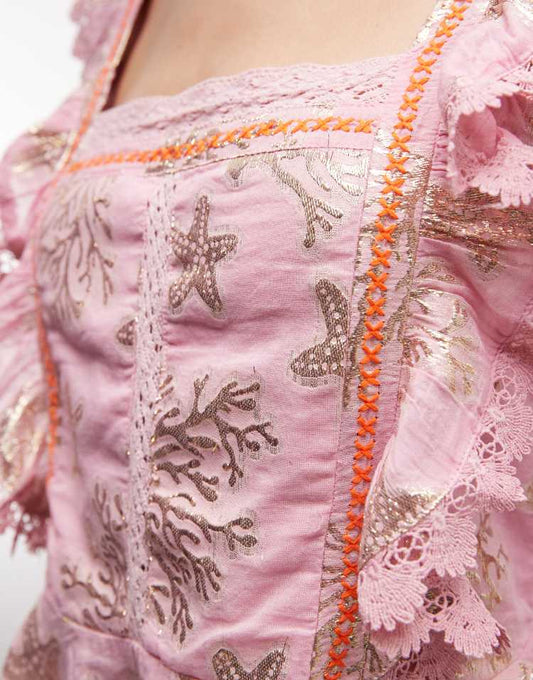 River Island sealife embroidered ruffle blouse in coral