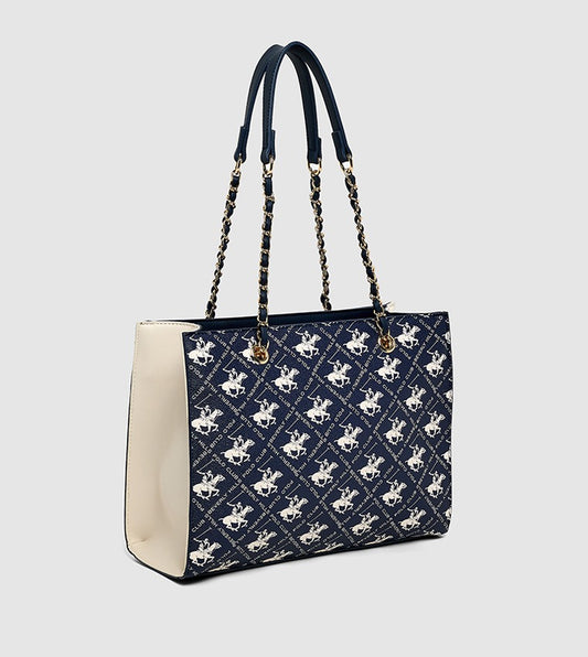 Logo Patterned Zippered Shoulder Bag