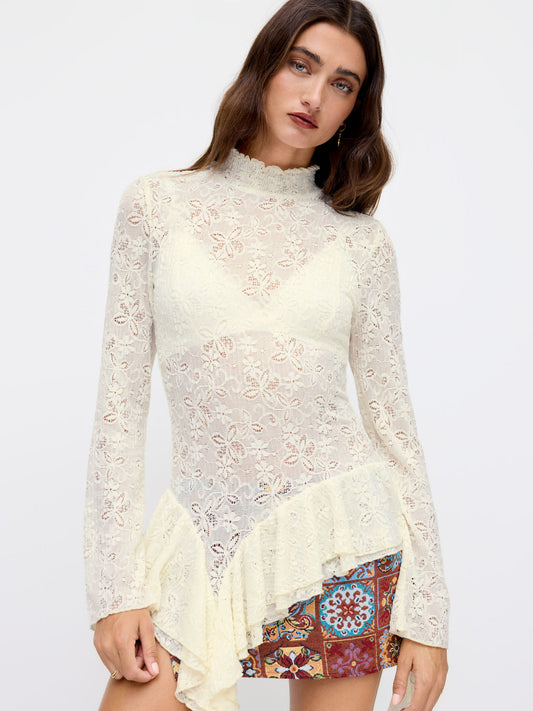 Texture High Neck Pointelle Asymmetrical Ruffle Hem See-through Top