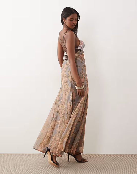Embellished bust cami cut out maxi dress in pink paisley print
