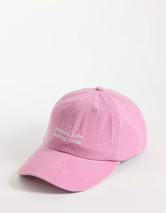 Running late slogan cap in washed pink