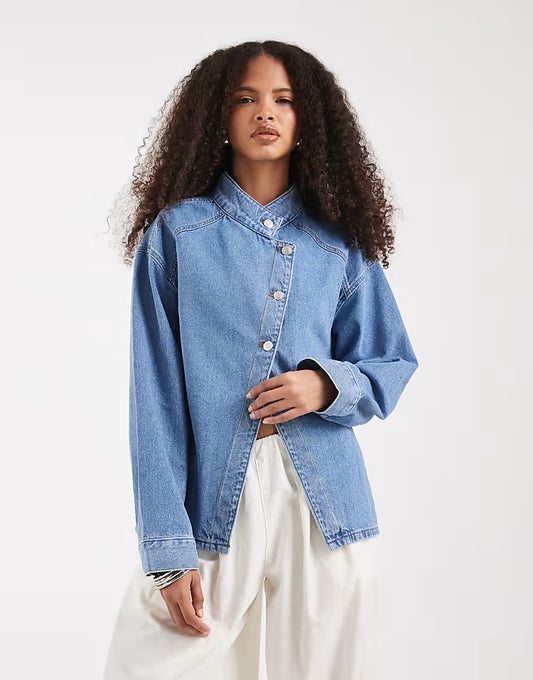 wrap front denim jacket in mid blue