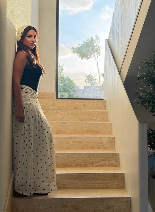 Doraa’s polka dot beige skirt