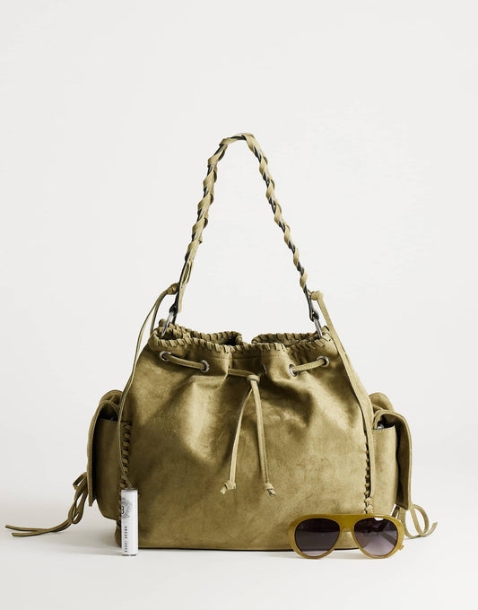 Simone large suedette pocket detail bucket shoulder bag