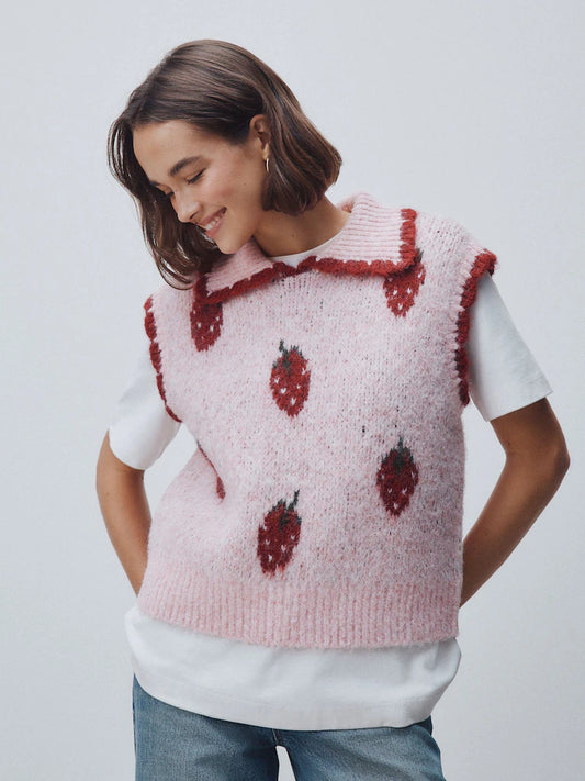 Pink Strawberry Sleeveless Knitted Tank Top With Wool