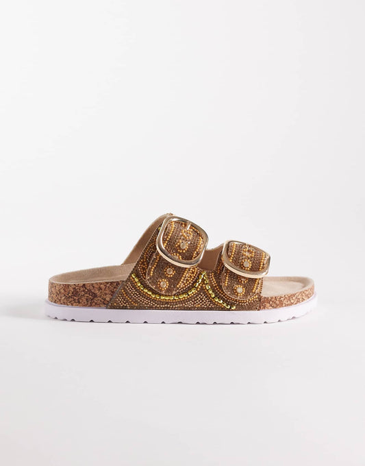 Frost beaded double strap sandal in gold