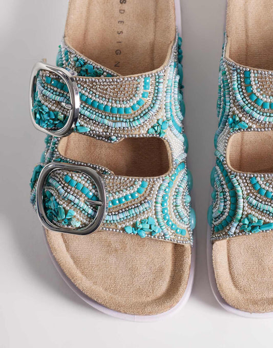 Frost beaded double strap sandal in gold