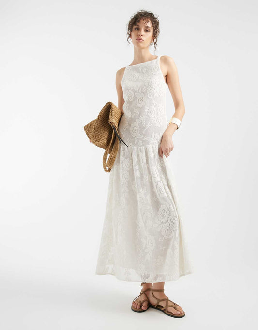 Slash neck all over lace midi dress in ivory