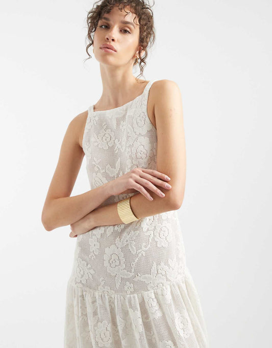 Slash neck all over lace midi dress in ivory