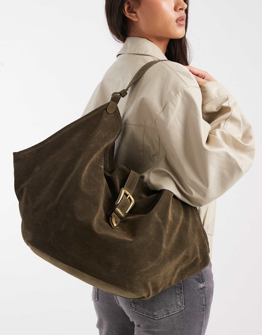 slouchy faux suede shoulder tote bag with metal buckle in khaki green