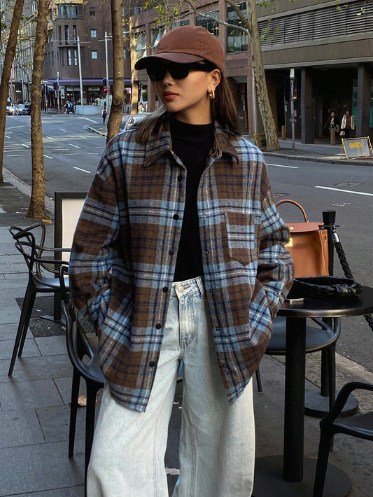 Plaid Loose Retro Long Sleeve Pocket