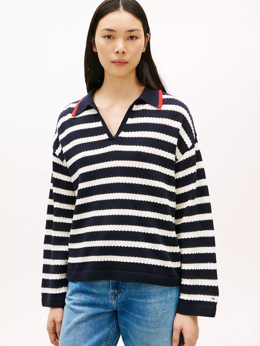 Breton Stripe Pointelle Sweater Polo