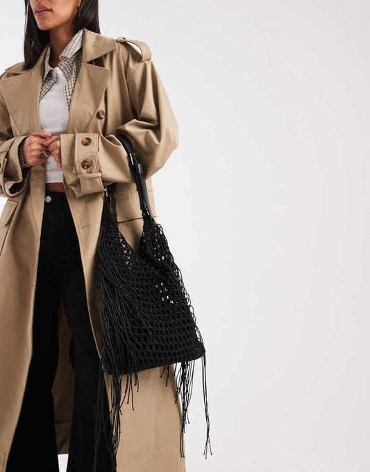 Glamorous woven fringe slouch shoulder tote bag in black