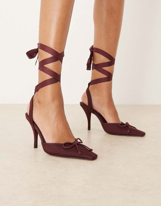Peony tie leg detail high heel shoes in satin