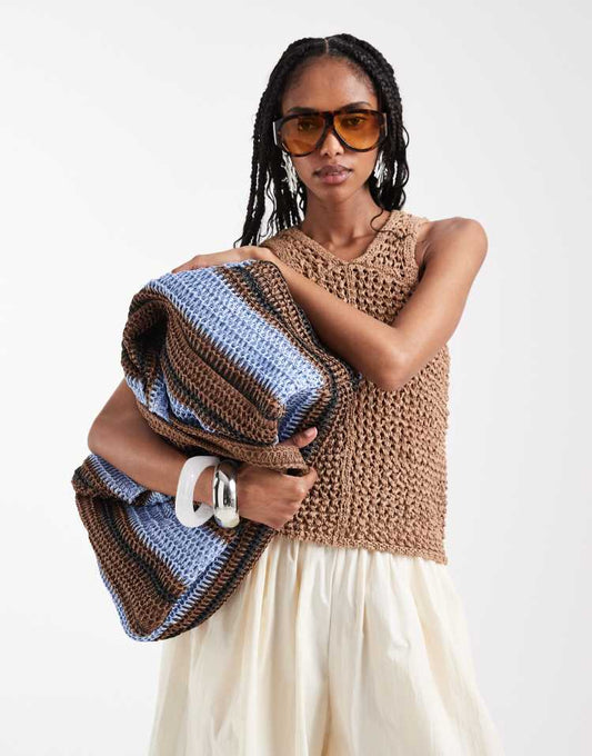 South Beach oversized woven shoulder bag in brown and blue stripe