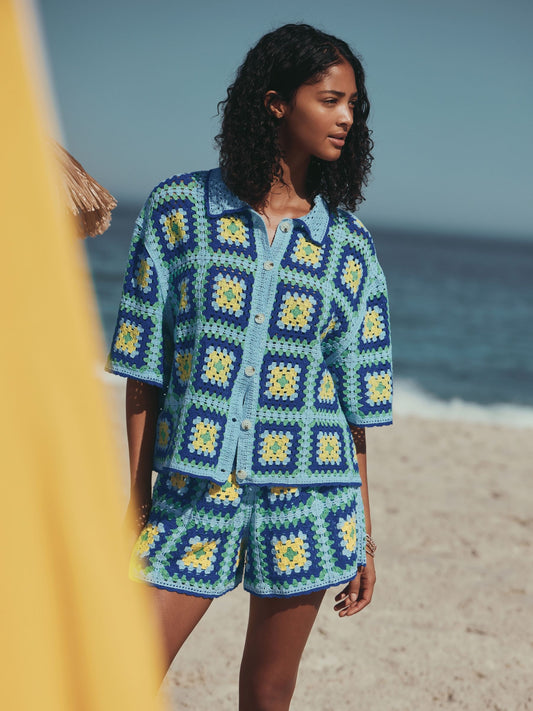 Blue/Green Square Crochet Shirt