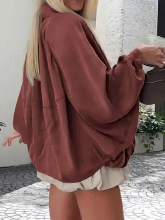 Women's Loose Zip-Up Jacket, Batwing Long Sleeve, Pleated Decor, Solid Color Woven Fabric
