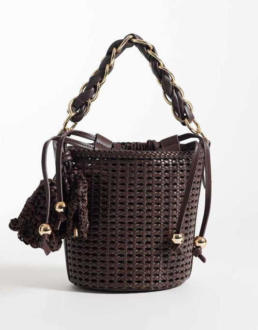 River Island metal handle woven bucket bag in brown