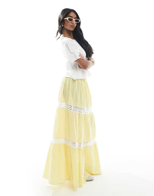 Wednesday's Girl gingham lace insert skirt in yellow