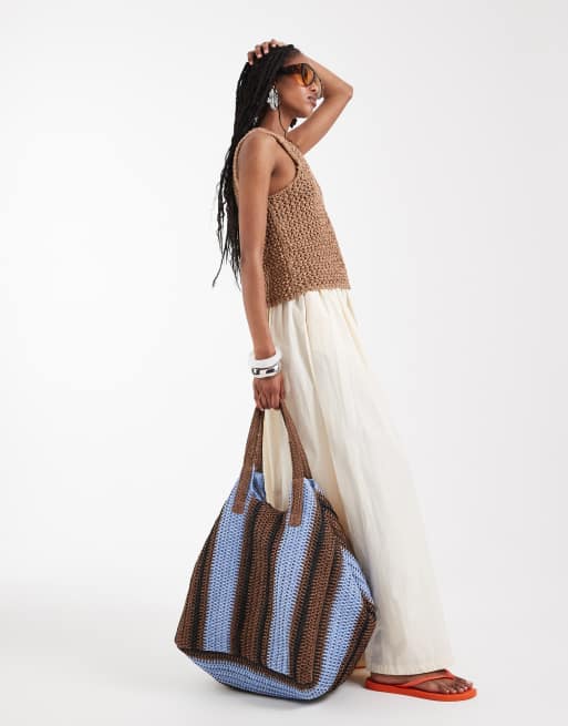 South Beach oversized woven shoulder bag in brown and blue stripe