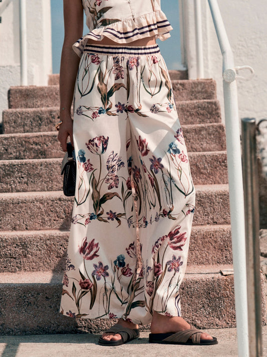 White/Green Tulip Print Palazzo Wide Leg Trousers
