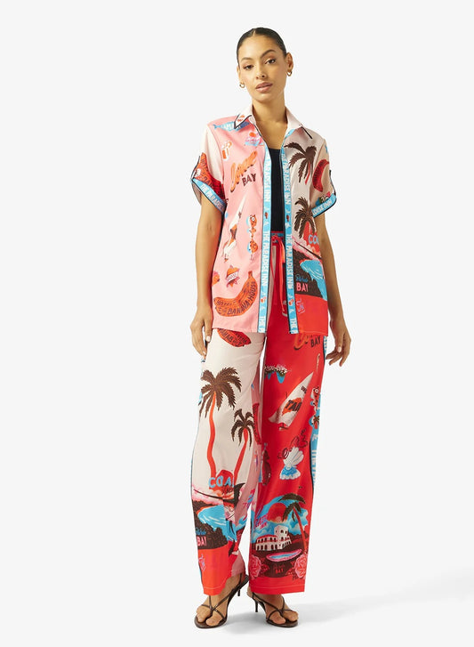 Oversize Satin Tropical Print Shirt & Pant Coord Set