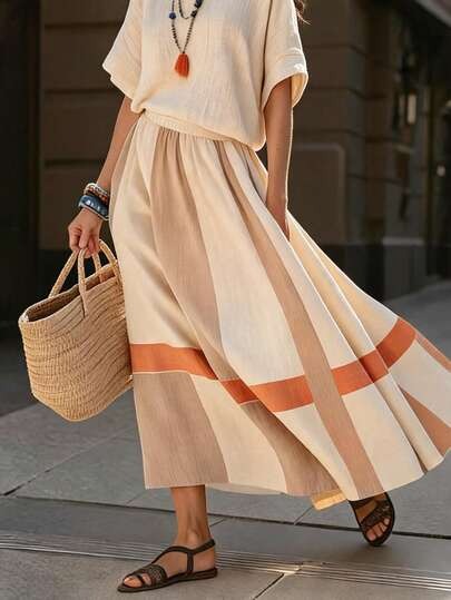 Colorblock Elastic Waist Casual Skirt For Vacation