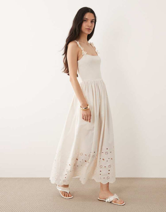 River Island broderie floral strap maxi dress in cream