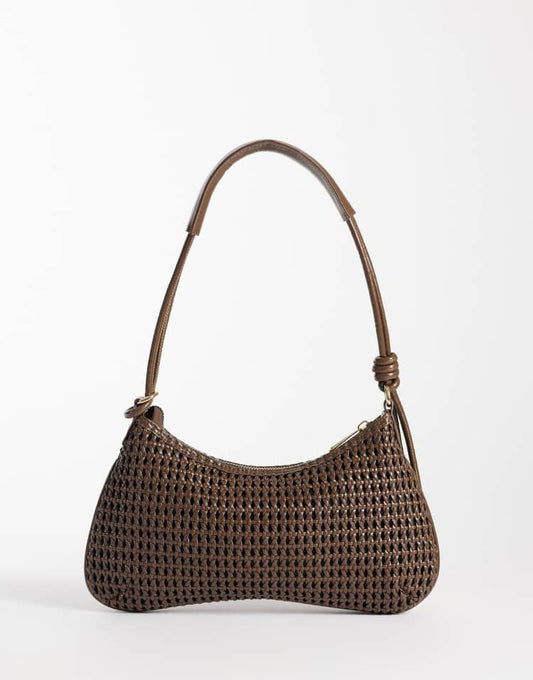 Weave shoulder bag with knot detail skinny strap in chocolate