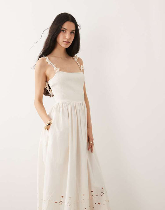 River Island broderie floral strap maxi dress in cream