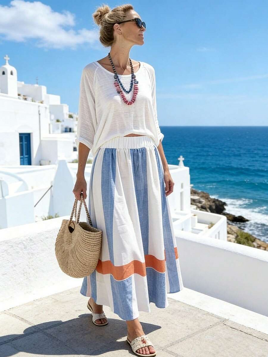 Colorblock Elastic Waist Casual Skirt For Vacation