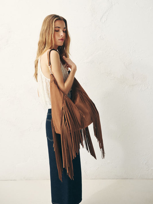 Tan Brown Suedette Fringe Shoulder Bag