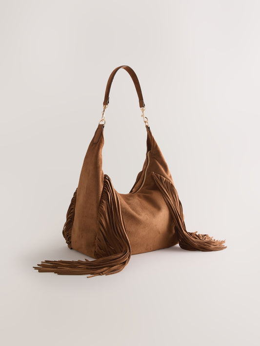Tan Brown Suedette Fringe Shoulder Bag