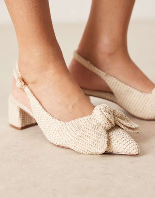 ASOS DESIGN Symbol bow slingback mid block heeled shoes in natural linen