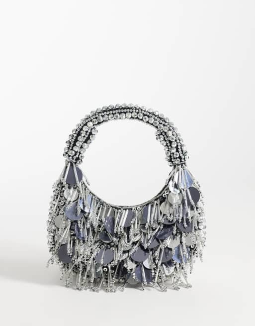 Embellished scoop sequin and bead bag in silver