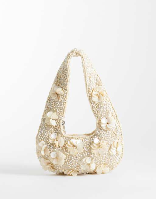 New Look beaded flower shell grab bag in cream