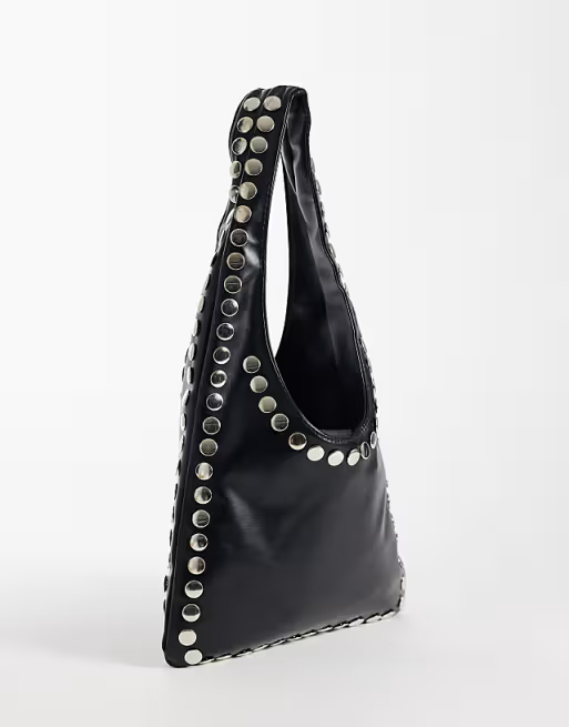 Kaiia exclusive faux leather silver studded shoulder bag in black