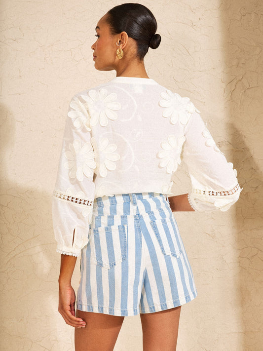 Love & Roses x RHS Blue And White Stripe Embroidered Denim Shorts