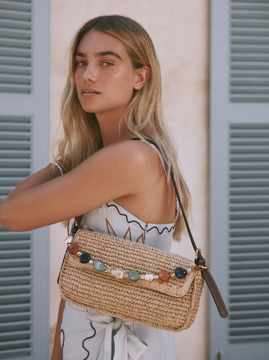 Natural Raffia Effect Beaded Shoulder Bag